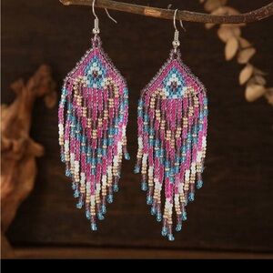 Artisan Beaded Fringe Earrings - Purple and Blue